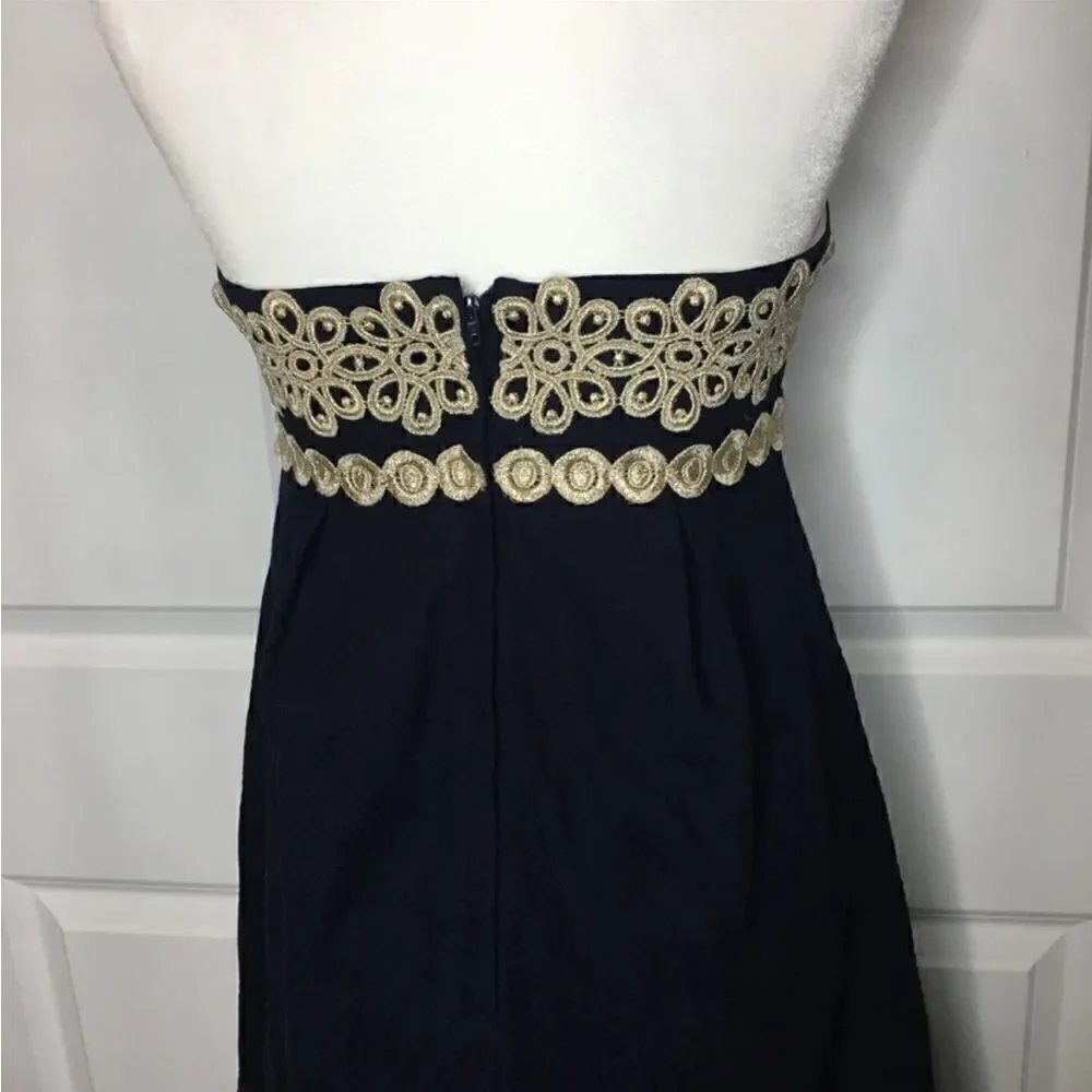 Lilly Pulitzer Betsey Navy and Gold Jacquard Strapless Dress Size 2 - Picture 7 of 16